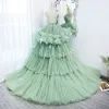 Charming Sage Green Cascading Ruffles Prom Dresses 2022 Ball Gown Spaghetti Straps Sleeveless Backless Court Train Formal Dresses