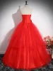 Chic / Beautiful Red Rhinestone Sequins Lace Flower Prom Dresses 2024 Ball Gown Strapless Sleeveless Backless Floor-Length / Long Prom Formal Dresses