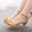 Charmant Gold Abend Strass Sandalen Damen 2023 Knöchelriemen 7 cm Stilettos Peeptoes Sandaletten Hochhackige