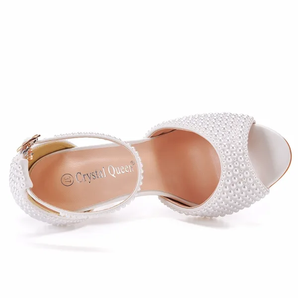Chic / Beautiful White Pearl Wedding Shoes 2022 11 cm Stiletto Heels Ankle Strap Open / Peep Toe Wedding Sandals High Heels