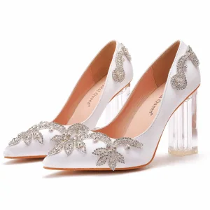 Charmant Blanche Faux Diamant Chaussure De Mariée 2022 9 Cm Cristal Talons Épais À Bout Pointu Mariage Escarpins Talons Hauts