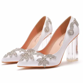 Charmant Blanche Faux Diamant Chaussure De Mariée 2022 9 Cm Cristal Talons Épais À Bout Pointu Mariage Escarpins Talons Hauts