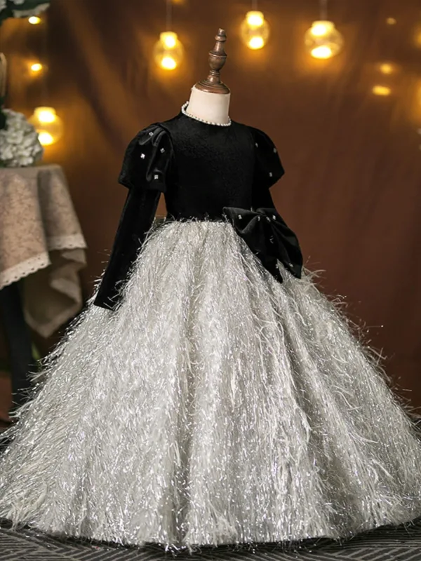 Chic / Beautiful Black Bow Tassel Birthday Flower Girl Dresses 2025 Ball Gown Scoop Neck Long Sleeve Floor-Length / Long