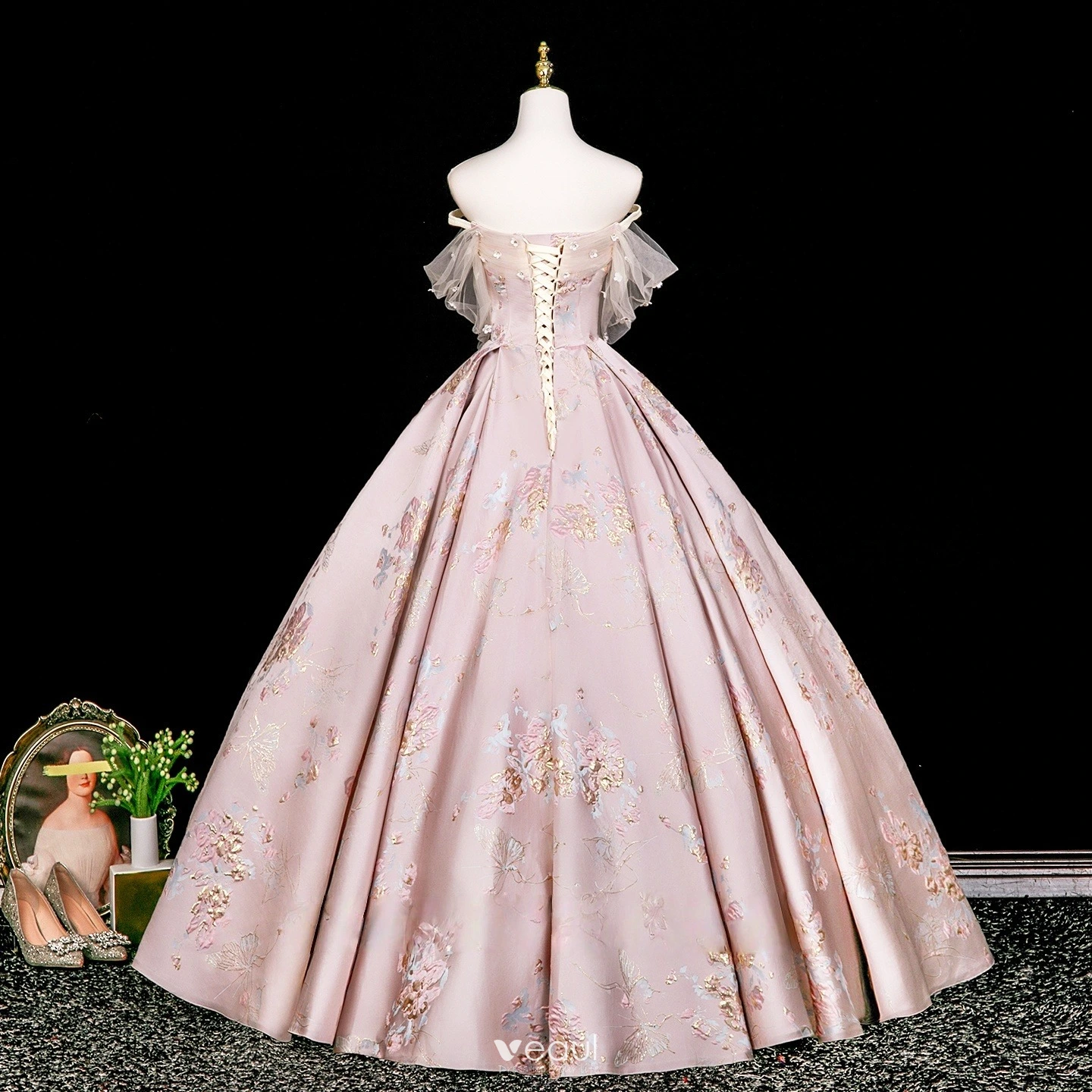 green pink floral dress Green Tulle A Line Sweetheart Sleeveless Prom Dresses WIth Flowers, MP1051