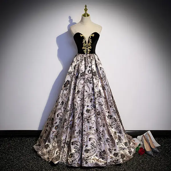 Vintage / Retro Black Printing Prom Dresses 2022 A-Line / Princess Square Neckline Puffy Short Sleeve Backless Floor-Length / Long Prom Formal Dresses