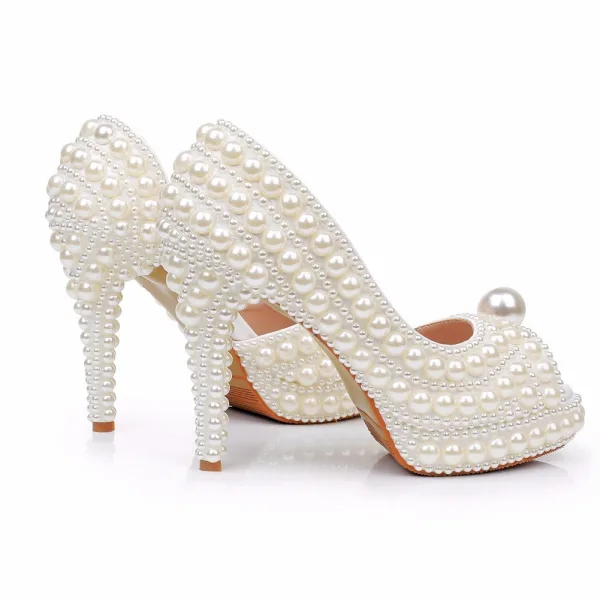 Elegante Beige Perle Brautschuhe 2024 11 cm Stilettos Peeptoes Hochzeit Sandaletten Hochhackige