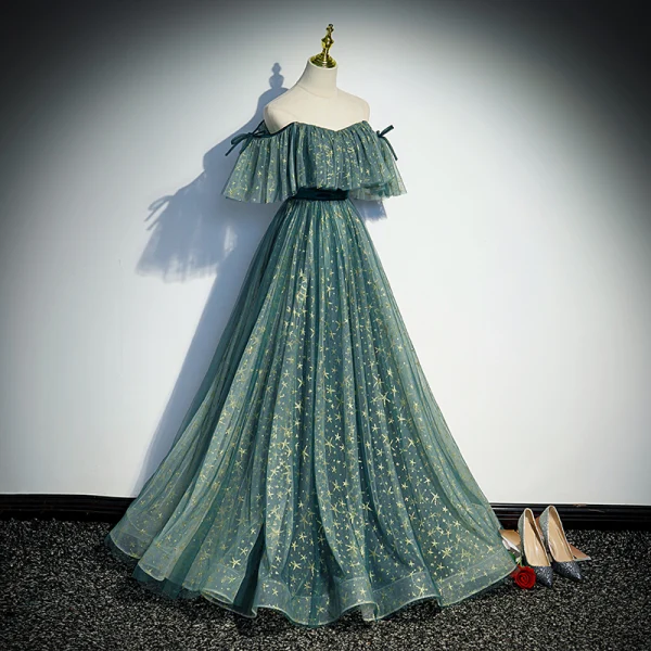 Chic / Beautiful Jade Green Prom Dresses 2022 A-Line / Princess Off-The-Shoulder Star Sequins Short Sleeve Backless Sash Floor-Length / Long Formal Dresses