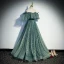 Chic / Beautiful Jade Green Prom Dresses 2022 A-Line / Princess Off-The-Shoulder Star Sequins Short Sleeve Backless Sash Floor-Length / Long Formal Dresses