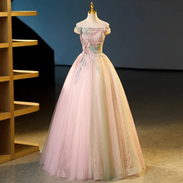 Élégant Rougissant Rose Perlage Paillettes En Dentelle Fleur Robe De Bal 2023 Robe Boule De l'épaule Sans Manches Dos Nu Longue Robe De Bal