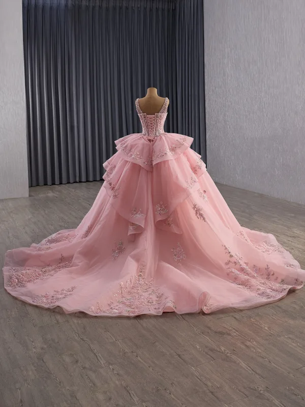 Luxury / Gorgeous Candy Pink Handmade  Beading Lace Flower Appliques Pearl Sequins Corset Prom Dresses 2025 Ball Gown V-Neck Sleeveless