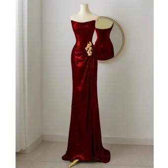 Sparkly Burgundy Sequins Evening Dresses 2024 Trumpet Mermaid Strapless Sleeveless Backless Evening Party Floor Length Long Formal Dresses