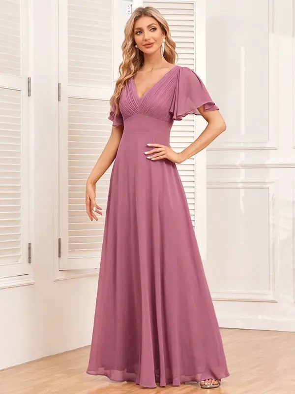 Modest / Simple Royal Blue Prom Dresses 2024 A-Line / Princess V-Neck Short Sleeve Backless Floor-Length / Long Prom Formal Dresses