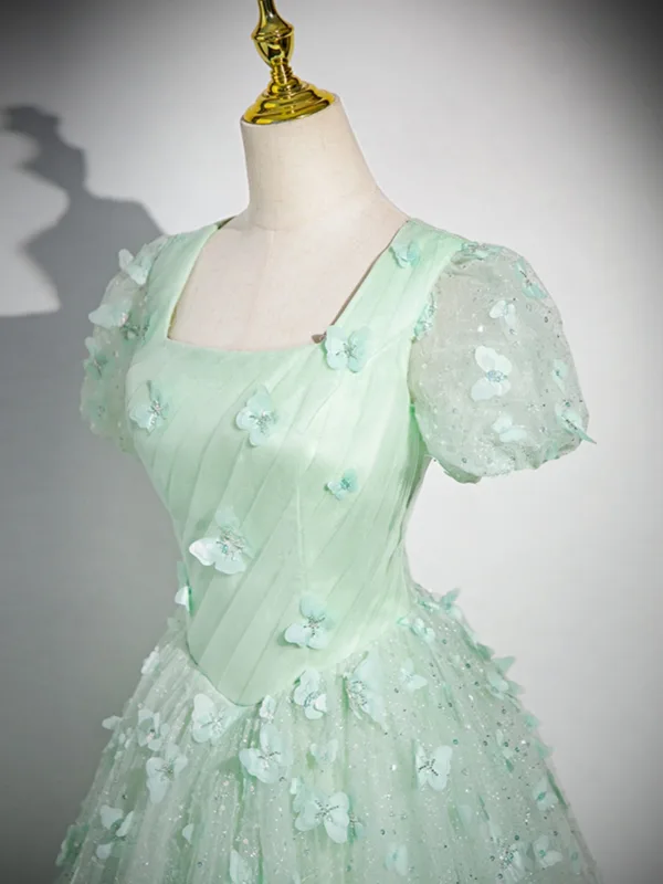 Chic / Belle Vert Cendré Papillon Appliques Paillettes Robe De Bal 2024 Robe Boule Encolure Carrée Manches Courtes Dos Nu Longue Promo Robe De Ceremonie
