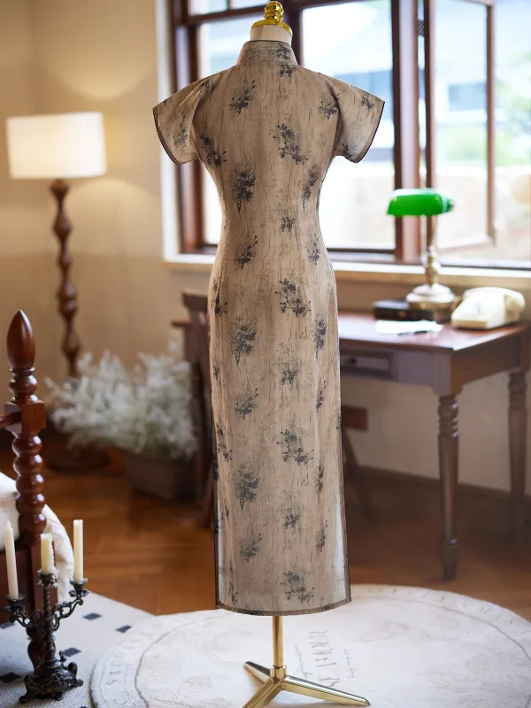 Chinese style Vintage / Retro Khaki Printing Tea-length Cheongsam 2024 Trumpet / Mermaid High Neck Short Sleeve