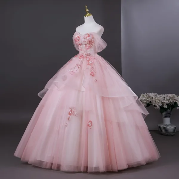 Flower Fairy Blushing Pink Beading Appliques Cascading Ruffles Prom Dresses 2025 Ball Gown Strapless Sleeveless Backless Floor-Length / Long Formal Dresses