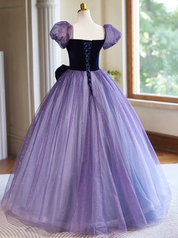 Chic / Beautiful Lilac Sequins Prom Dresses 2024 Ball Gown Square Neckline Puffy Short Sleeve Backless Bow Floor-Length / Long Prom Formal Dresses
