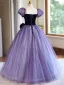 Chic / Beautiful Lilac Sequins Prom Dresses 2024 Ball Gown Square Neckline Puffy Short Sleeve Backless Bow Floor-Length / Long Prom Formal Dresses
