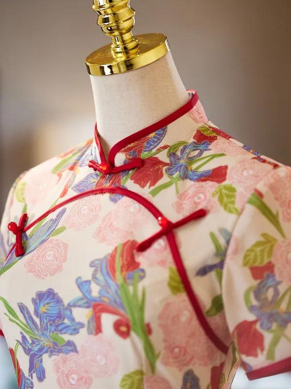 Chinesischer Stil Multifarben Drucken Abend Cheongsam 2025 Meerjungfrau Stehkragen Kurze Ärmel Lange