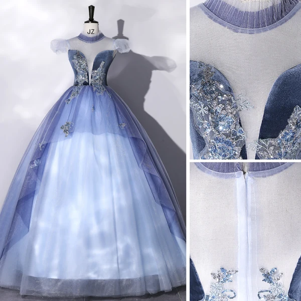 Elegant Pool Blue Beading Sequins Lace Flower Prom Dresses 2022 Ball Gown High Neck Puffy Short Sleeve Floor-Length / Long Formal Dresses