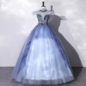Élégant Bleu Perlage Paillettes En Dentelle Fleur Robe De Bal 2022 Robe Boule Col Haut Gonflée Manches Courtes Longue Robe De Ceremonie
