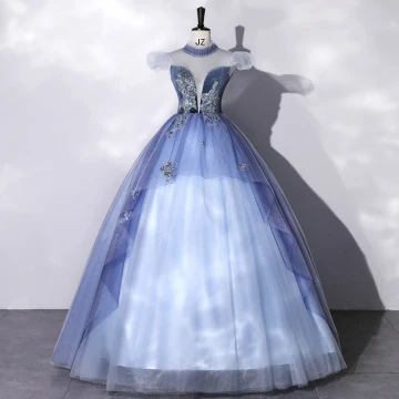Élégant Bleu Perlage Paillettes En Dentelle Fleur Robe De Bal 2022 Robe Boule Col Haut Gonflée Manches Courtes Longue Robe De Ceremonie