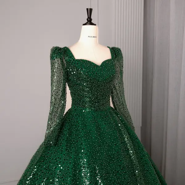 Vintage / Retro Dark Green Beading Pearl Sequins Prom Dresses 2025 Ball Gown Square Neckline Long Sleeve Backless Floor-Length / Long Formal Dresses