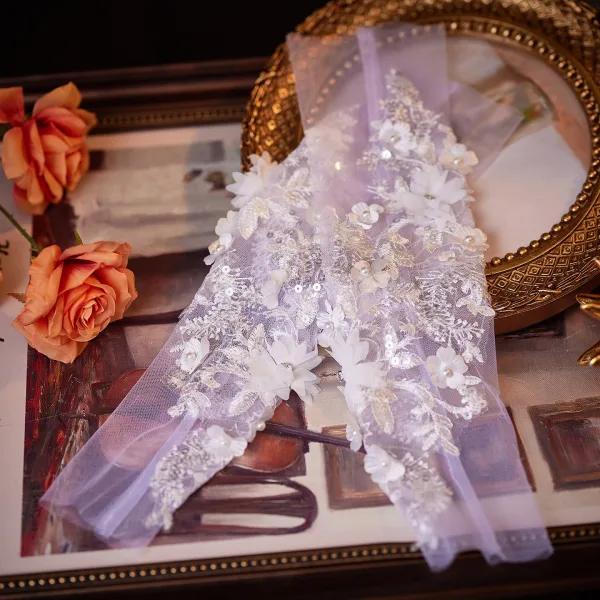 Elegant White Lace Flower Sequins Appliques Pearl Wedding Bridal Gloves Tulle 2026