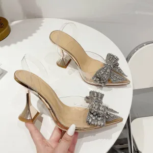Charmant Champagne Été Soirée Sandales Femme 2022 Faux Diamant Noeud 9 Cm Talons Aiguilles À Bout Pointu Sandales Talons Hauts