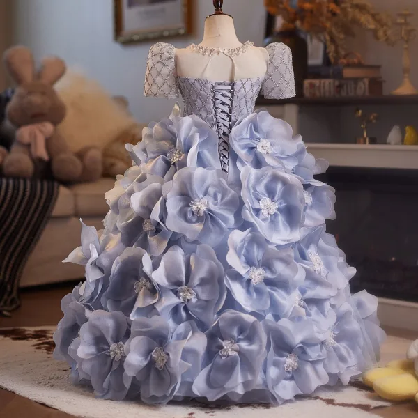 Flower Fairy Fashion Sky Blue Beading Pearl Appliques Sequins Birthday Flower Girl Dresses 2025 Ball Gown Scoop Neck Short Sleeve Backless Floor-Length / Long