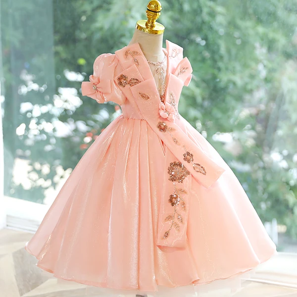 Chic / Belle Rougissant Rose Perlage Paillettes Anniversaire Robe Ceremonie Fille 2023 Robe Boule Encolure Dégagée Manches Courtes Dos Nu Longue Robe Ceremonie Fille