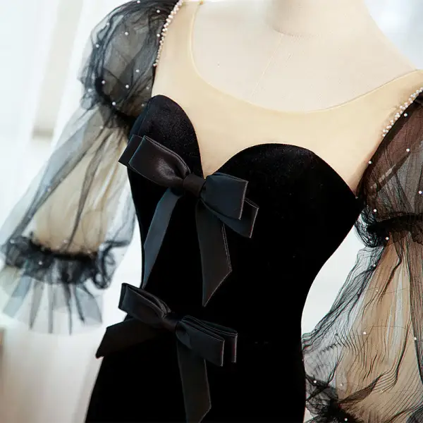 Fashion Black Suede Formal Dresses 2022 Trumpet / Mermaid Scoop Neck Puffy 1/2 Sleeves Backless Bow Sweep Train Prom Evening Dresses