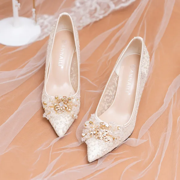 Charming Champagne Lace Pearl Sequins Wedding Shoes 2022 Rhinestone 8 cm Stiletto Heels Pointed Toe Wedding Pumps High Heels