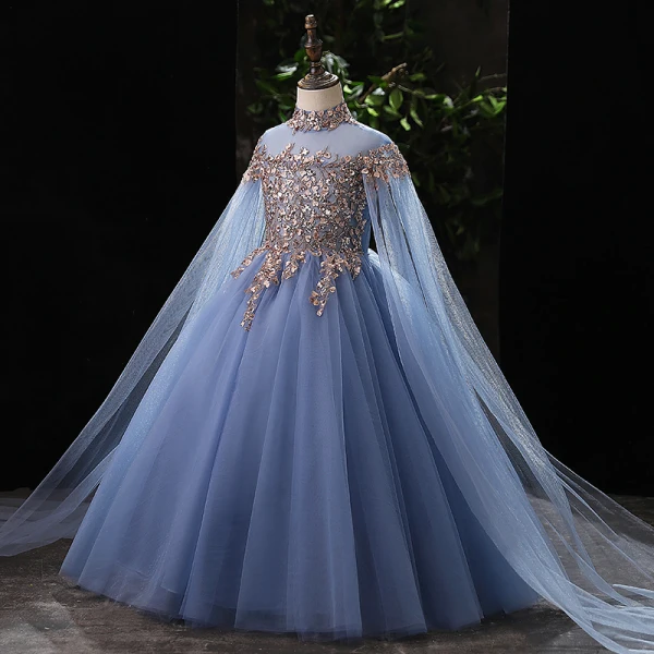 Chic / Beautiful Ocean Blue Beading Sequins Prom Flower Girl Dresses 2022 Ball Gown High Neck Long Sleeve Floor-Length / Long Flower Girl Dresses