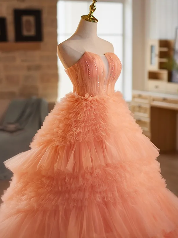 Chic / Belle Orange Perlage Volants en Cascade Robe De Bal 2025 Princesse Bustier Sans Manches Dos Nu Train De Balayage Promo Robe De Ceremonie