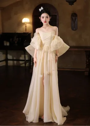 Chic Belle Champagne Fendue Devant Robe De Bal 2025 Princesse De L Épaule Manches Courtes Dos Nu Train De Balayage Robe De Ceremonie