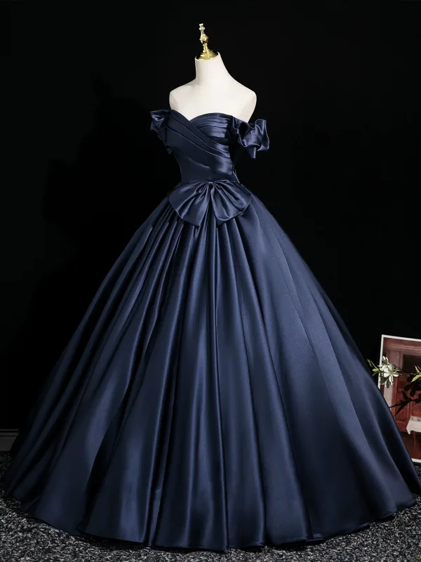 Vintage / Retro Navy Blue Bow Satin Prom Dresses 2025 Ball Gown Off-The-Shoulder Short Sleeve Backless Floor-Length / Long Formal Dresses