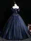 Vintage / Retro Navy Blue Bow Satin Prom Dresses 2025 Ball Gown Off-The-Shoulder Short Sleeve Backless Floor-Length / Long Formal Dresses