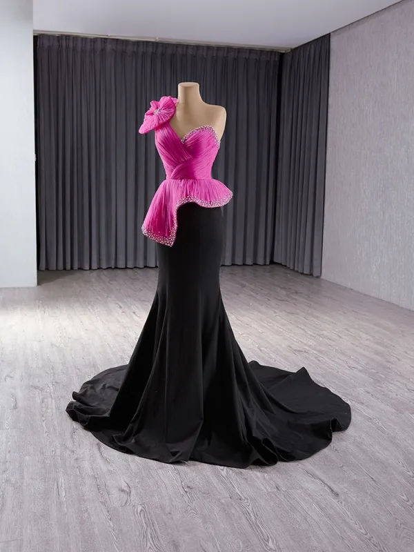 High-end Fuchsia Rhinestone Prom Dresses 2024 Trumpet / Mermaid One-Shoulder Appliques Sleeveless Backless Floor-Length / Long Prom Formal Dresses