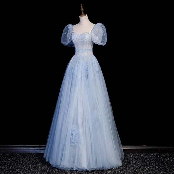 Elegant Sky Blue Sequins Prom Dresses 2023 A-Line / Princess Square Neckline Puffy Short Sleeve Backless Floor-Length / Long Prom Formal Dresses