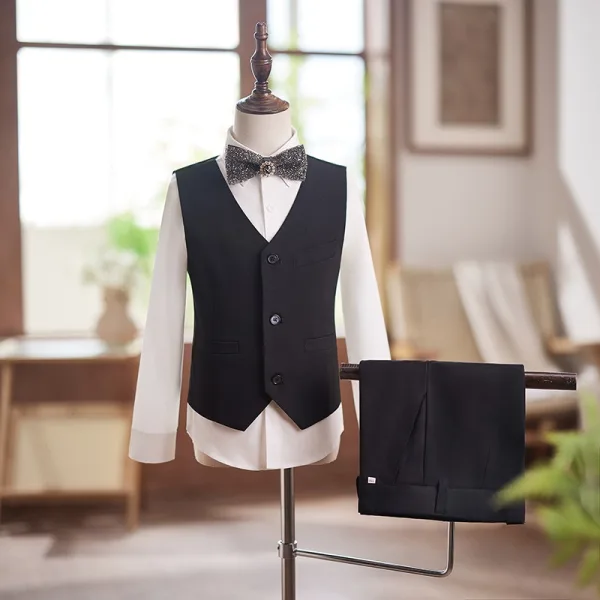 Black 5-piece Rhinestone Long Sleeve Wedding Boys Wedding Suits 2025 Coat Pants Shirt Tie Vest