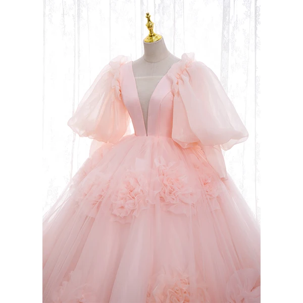 Schöne Rosa Blumen Ballkleider 2022 Ballkleid Eckiger Ausschnitt Geschwollenes 1/2 Ärmel Rückenfreies Sweep / Pinsel Zug Festliche Kleider