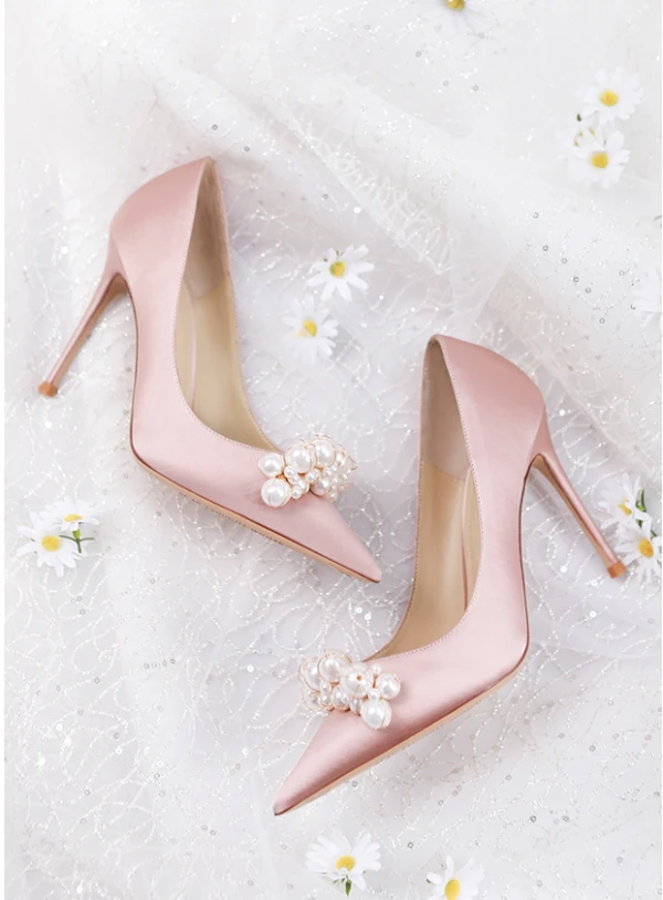 Schöne Weiß Perle Brautschuhe 2024 Leder 10 cm Stilettos Spitzschuh Hochzeit Pumps Hochhackige