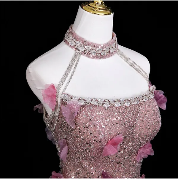 Blumenfee Rosa Strass Pailletten Applikationen Ballkleider 2025 A Linie Stehkragen Ärmellos Rückenfreies Sweep / Pinsel Zug Festliche Kleider