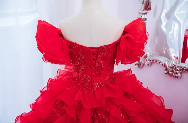Chic / Beautiful Red Pearl Sequins Cascading Ruffles Prom Dresses 2024 Ball Gown Off-The-Shoulder Short Sleeve Backless Floor-Length / Long Prom Formal Dresses