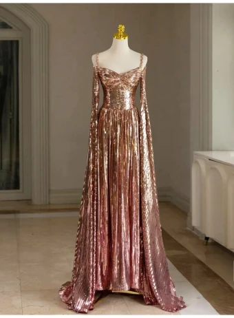 Sparkly Sexy Gold Sequins Prom Dresses 2024 A Line Princess Spaghetti Straps Sleeveless Backless Sweep Train Prom Formal Dresses