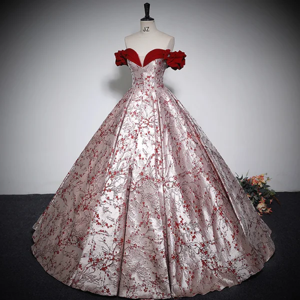 Fashion Burgundy Printing Prom Dresses 2023 Ball Gown Off-The-Shoulder Sleeveless Backless Floor-Length / Long Prom Formal Dresses