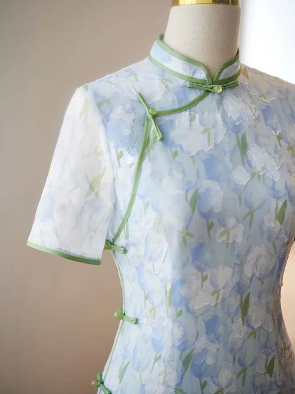 Style Chinois Bleu Ciel Impression Fendue devant Cheongsam 2024 Trompette / Sirène Col Haut Manches Courtes Thé Longueur