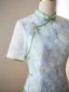 Style Chinois Bleu Ciel Impression Fendue devant Cheongsam 2024 Trompette / Sirène Col Haut Manches Courtes Thé Longueur