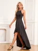 Modest / Simple Black Asymmetrical Evening Dresses 2024 Zipper Up A-Line / Princess Halter Sleeveless Evening Party Formal Dresses