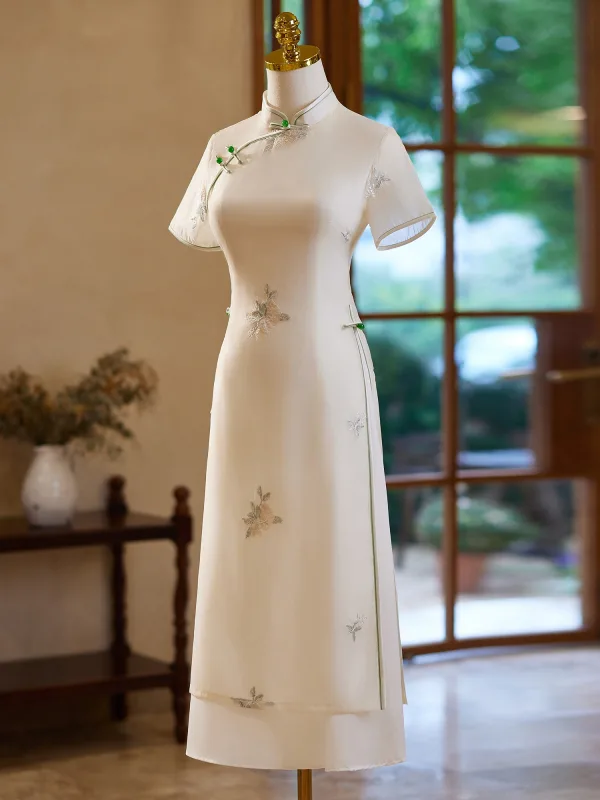 Chinese style White Printing Floor-Length Long Cheongsam 2024 A-Line Princess High Neck Chinese style White Printing Floor-Length Long Cheongsam 2024 A-Line Princess High Neck